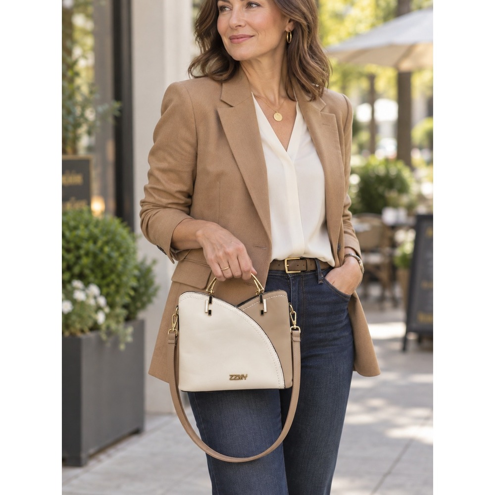 Womens Colorblock Cream Satchel Handle Crossbody Small Purse Cream Tan